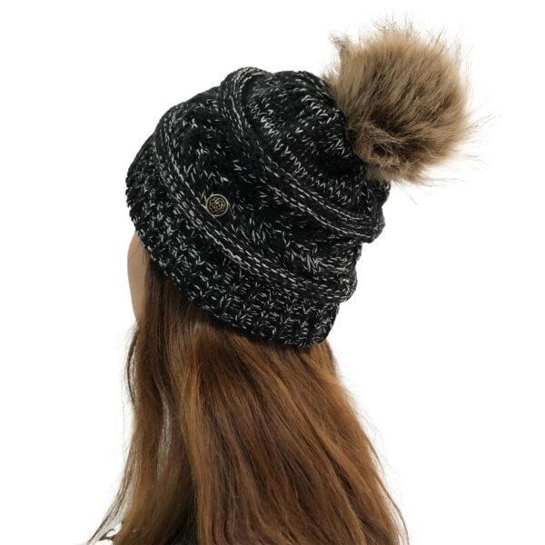 Gorro De Lana Con Pompón Con Sujetador Para Cubre Bocas Blanco/Negro - Imagen 2