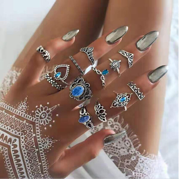 Set De 13 Anillos De Piedra Azul Y Tortuga