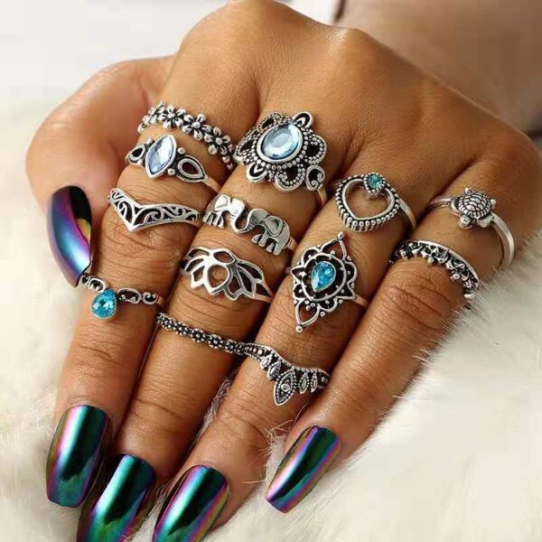 Set De 13 Anillos De Piedra Azul Y Tortuga - Imagen 2