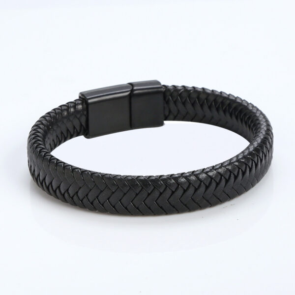 Pulsera Trenzada De Cuero Negro Hebilla Plateada - Imagen 6