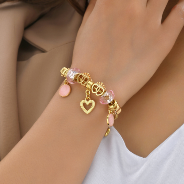 Pulsera Dorada De Corazón Y Piedras Rosas - Imagen 2