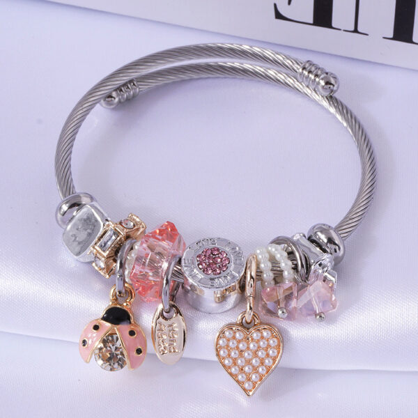 Pulsera De Corazón Y Escarabajo Rosa De Acero Inoxidable