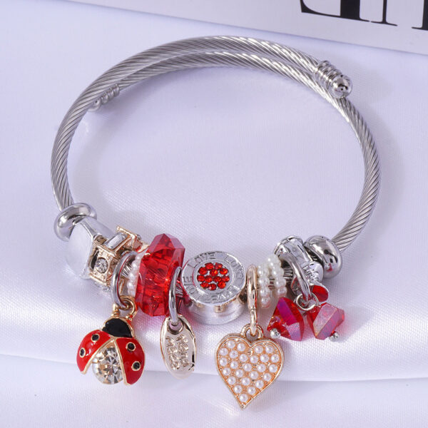 Pulsera De Corazón Y Escarabajo Rojo De Acero Inoxidable