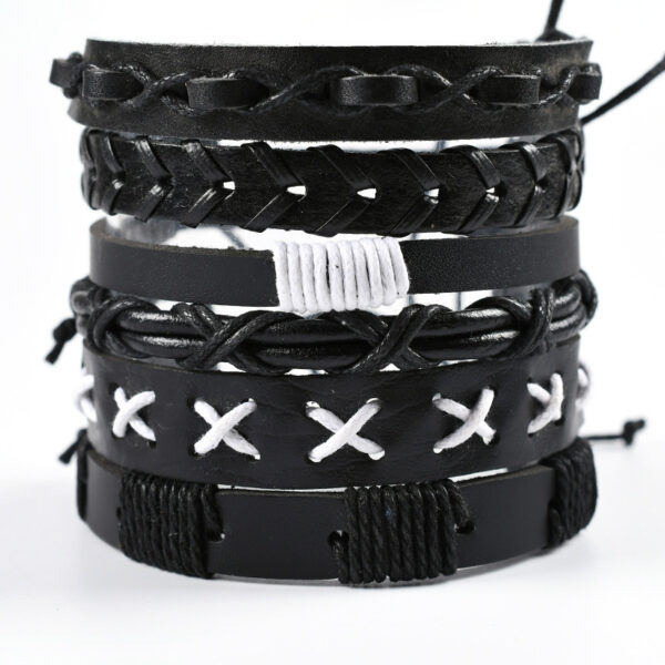 Set De Pulseras De Cuero Sintético De Color Negro Hilo Blanco