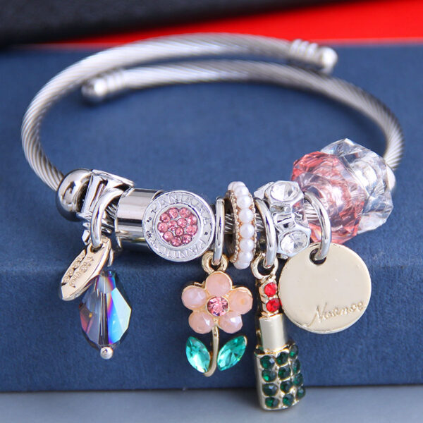 Pulsera De Flor Y Lapiz Labial Rosa De Acero Inoxidable