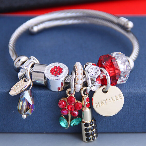 Pulsera De Flor Y Lapiz Labial Roja De Acero Inoxidable