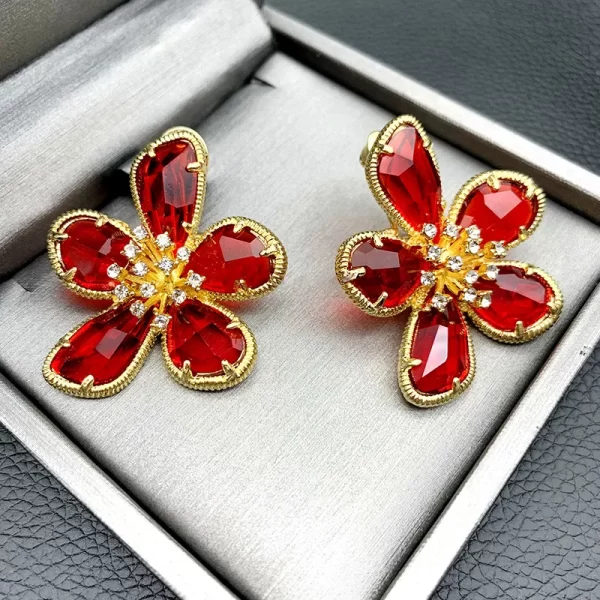 Aretes De Flor De Cristal De Color Rojo