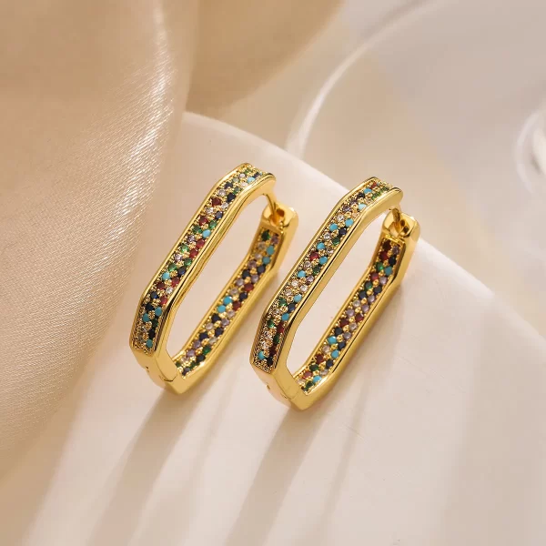 Aretes Geométrico Circón Chapado En Oro
