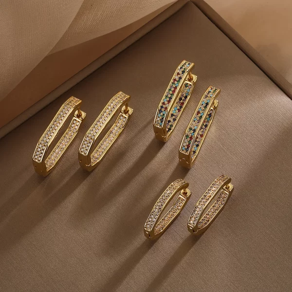 Aretes Geométrico Circón Chapado En Oro - Imagen 2