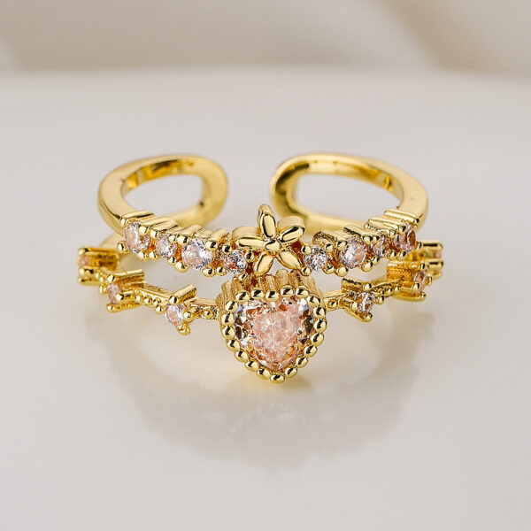Anillo Abierto De Corazón Y Flor Baño De Oro - Imagen 3