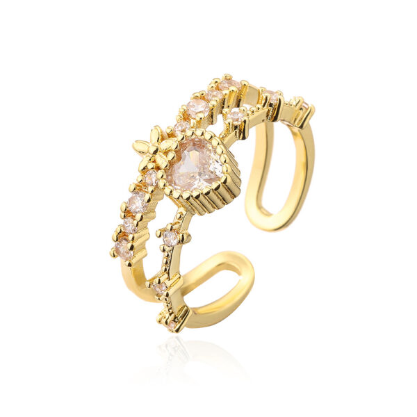 Anillo Abierto De Corazón Y Flor Baño De Oro