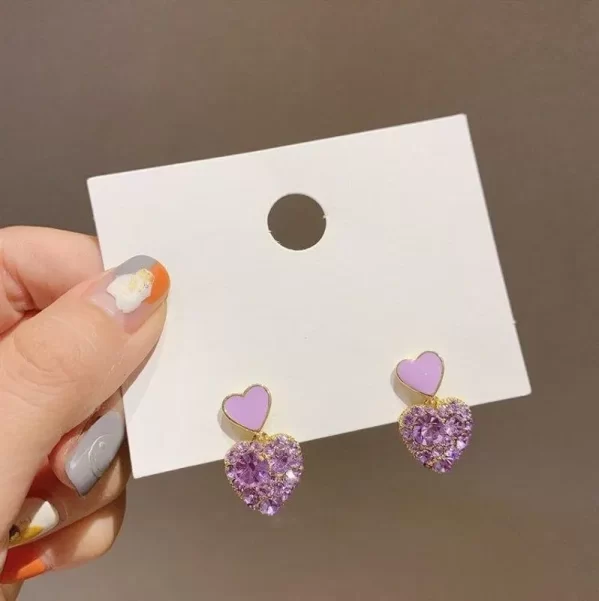Pendientes de Gota Purpura Forma de Corazón Enchapado en Oro