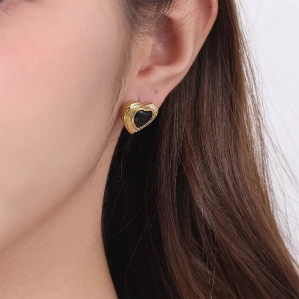 Pendientes Diamante Artificial Negro Forma De Corazón Acero Inoxidable