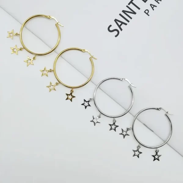 Arracadas Plata Estrellas Colgantes Acero Titanio Chapado En Oro De 18K - Imagen 2