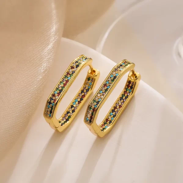 Pendientes Geométricos Embutido Cobre Circón Colorido Chapado En Oro De 18K