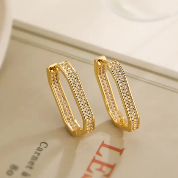 Pendientes Geométricos Embutido Cobre Circón Chapado En Oro De 18K