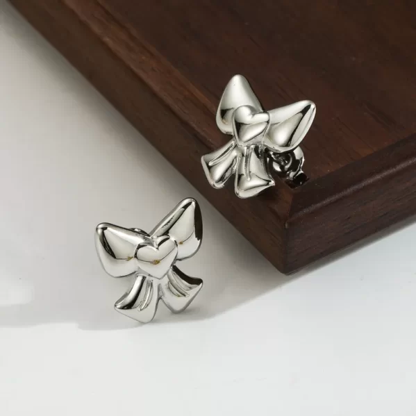 Pendientes Plata Corazon Moño De Lazo Chapado En Oro De 14K