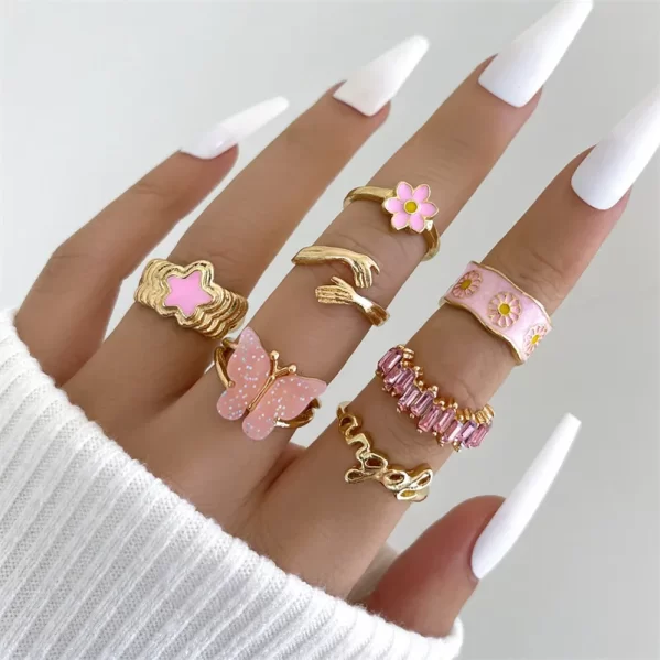 Conjunto De Anillos Diseños Primaverales Rosados