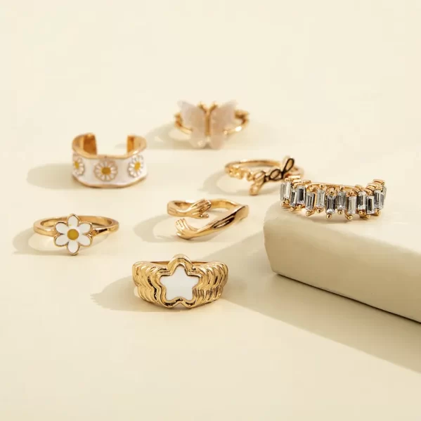 Conjunto De Anillos Diseños Primaverales Blancos - Imagen 2