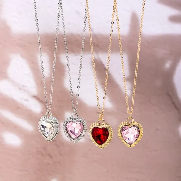 Collar Plata Con Colguije De Corazon Rosado Aleación - Imagen 2