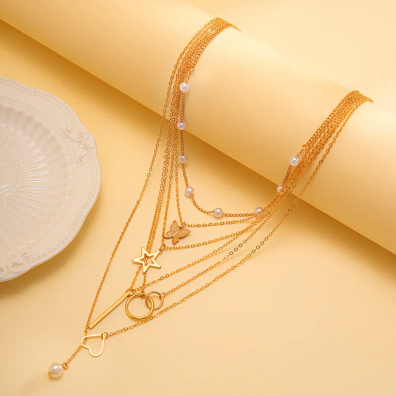 Collar Dorado Estilo Francés Estrella/Corazon/Mariposa/Perla De Aleación - Imagen 3
