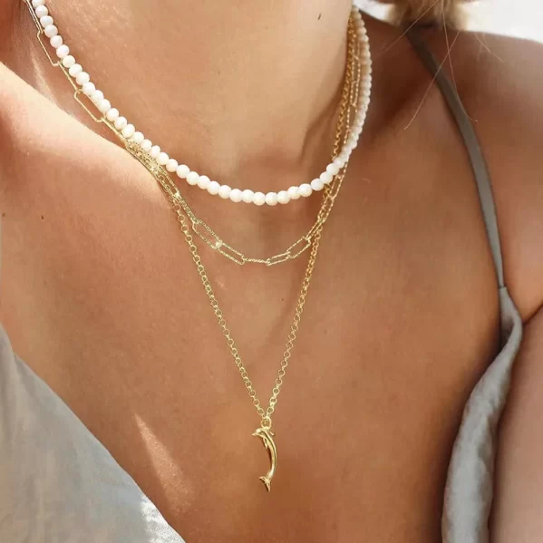 Collar Dorado Delfín Con Perlas De Imitación