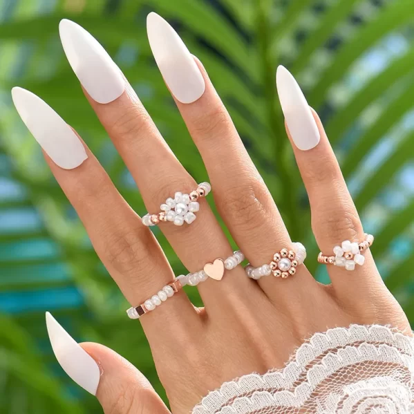 Conjunto De Anillos De Perlas Blanco/Dorado