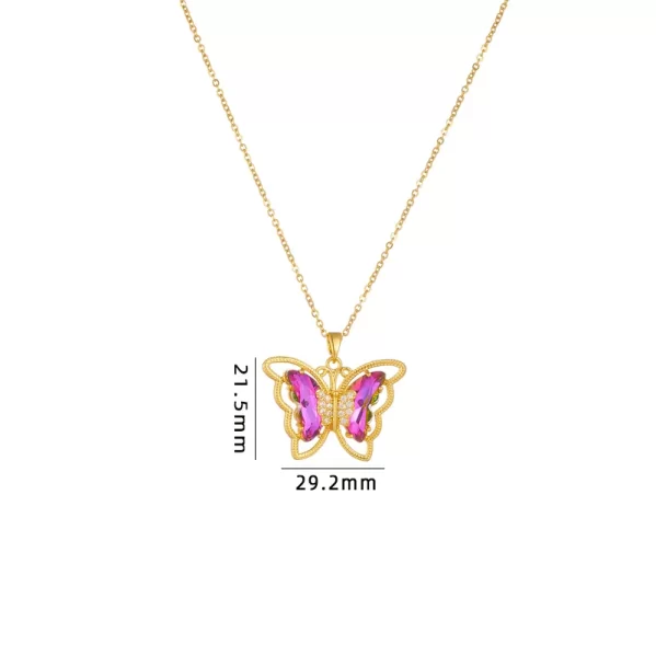 Collar Mariposa Acero Diamante Cristal Artificial Rosa Fucsia Chapado En Oro De 18K - Imagen 2