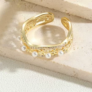 Anillo Dorado Abierto Estilo Vintage Embutido Perlas Artificiales Circón Chapado En Oro De 14K