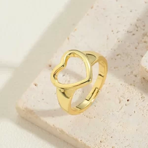Anillo Dorado Forma De Corazón Hueco Cobre Enchapado Chapado En Oro De 14K