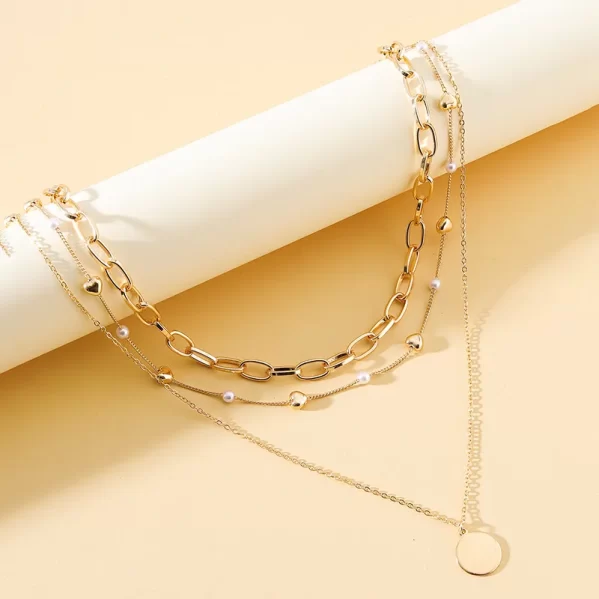Collar Dorado De Tres Capas Cadena/Corazon/Ciculo Variado - Imagen 3