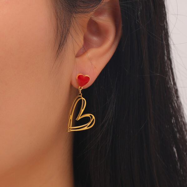 Pendientes De Corazón Rojo Circón De Acero Inoxidable - Imagen 2