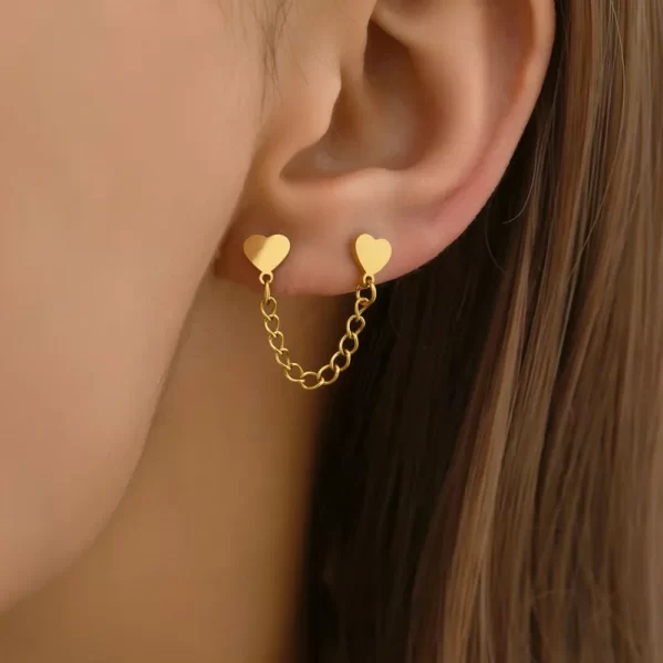 Aretes Corazón Dorado con Cadena Acero Inox+Chapado en Oro 14K - Imagen 2