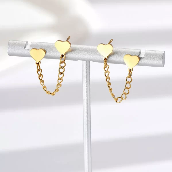 Aretes Corazón Dorado con Cadena Acero Inox+Chapado en Oro 14K