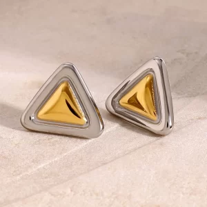 Aretes Triángulo Chunky Bicolor Acero Inox+Chapado de Oro 18K
