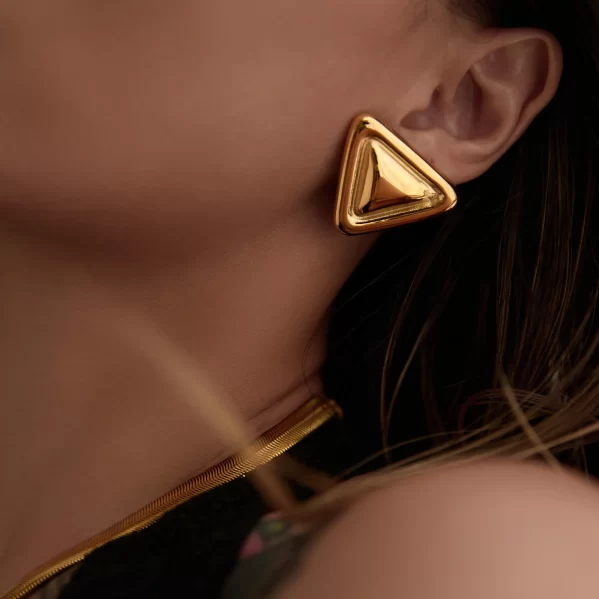 Aretes Triángulo Chunky Dorados Acero Inox+Chapado de Oro 18K - Imagen 2
