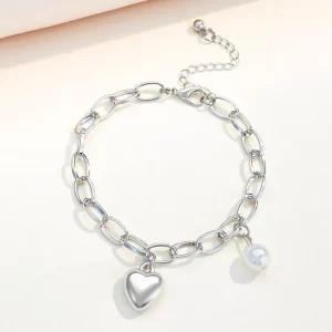 Pulsera Plateada Con Dije De Corazón Y Perla
