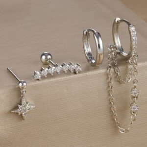 Set Estrella Chic – Juego de 4 Aretes y Piercing en Cobre Chapado Oro 14K (Plateado)
