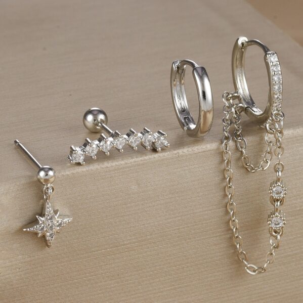 Set Estrella Chic – Juego de 4 Aretes y Piercing en Cobre Chapado Oro 14K (Plateado)