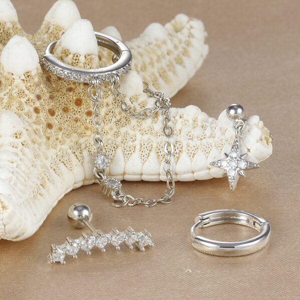 Set Estrella Chic – Juego de 4 Aretes y Piercing en Cobre Chapado Oro 14K (Plateado) - Imagen 3