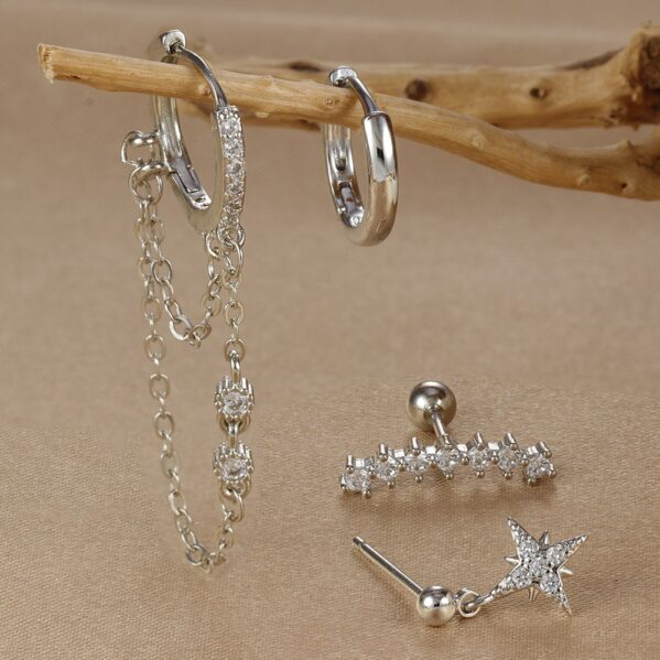 Set Estrella Chic – Juego de 4 Aretes y Piercing en Cobre Chapado Oro 14K (Plateado) - Imagen 2
