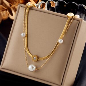 Collar Doble Perlas & Cristales Romanos – Acero Titanio