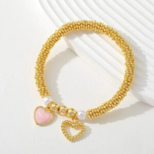 Pulsera Caviar Corazón Rosado - Cobre Chapado Oro 18K