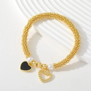 Pulsera Caviar Corazón Negro - Cobre Chapado Oro 18K