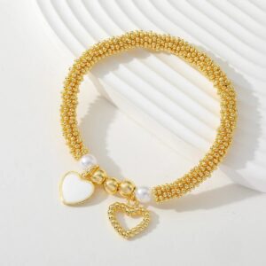 Pulsera Caviar Corazón Blanco - Cobre Chapado Oro 18K