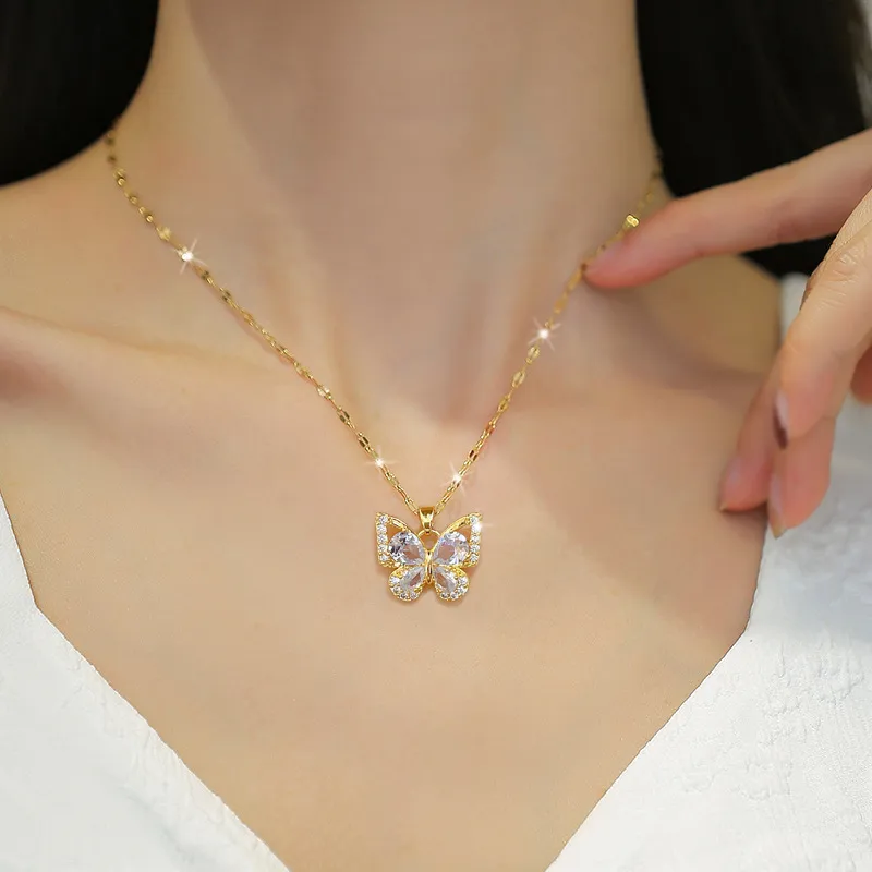 Collar Mariposa de Cristal Acero Inoxidable