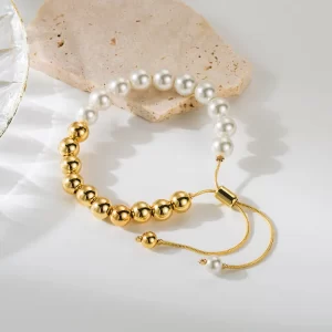 Pulsera Clásica de Perlas y Cuentas Doradas
